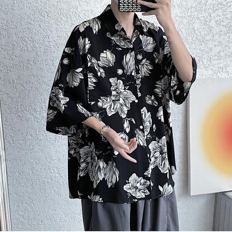 [Emeisa Series]★Shirt★ Tops 2color Short Sleeve Shirt Floral Shirt Unisex Men's Black White