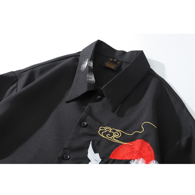 [Jusei Series]★China style top★ Y-shirt, crane embroidery, men's, unisex, easy to match, loose, black