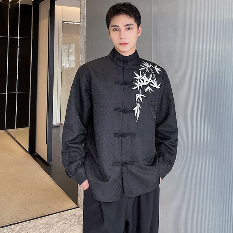 [Illustrated Series]★China Style Shirt★ Embroidery Bamboo Bamboo Embroidery Tops Long Sleeve Shirt Unisex Men's Black Black