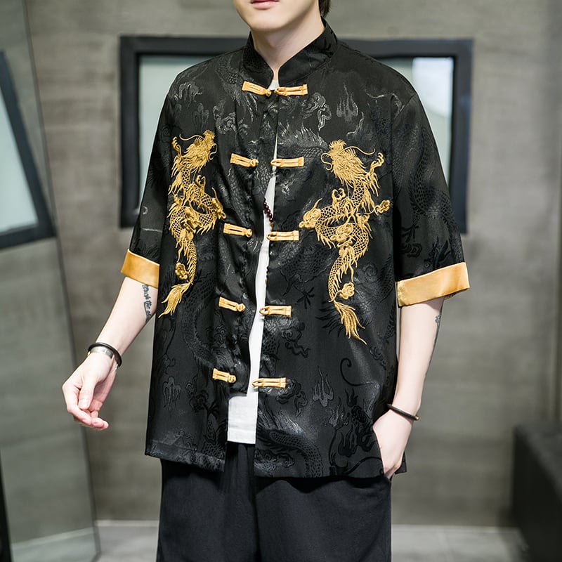 [JUNYI Series]★Chinese Style Shirt★ Embroidery Dragon 2color Unisex Men's Large Size Chinese Clothes Black White