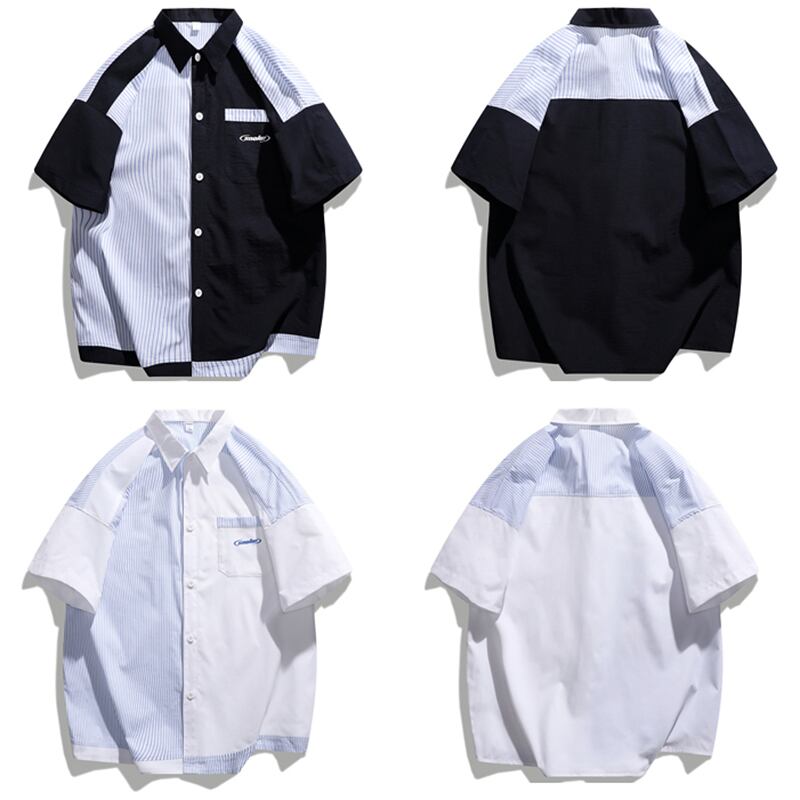 [Satoru Series]★Shirt★ Tops 2color Unisex Men's Striped Pattern Unique Switching Dark Blue White