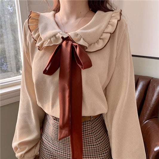 [Lack of Moe Series]★Shirt★ Ribbon Tops Long Sleeve Shirt Women's Stylish Commuting Date Cute