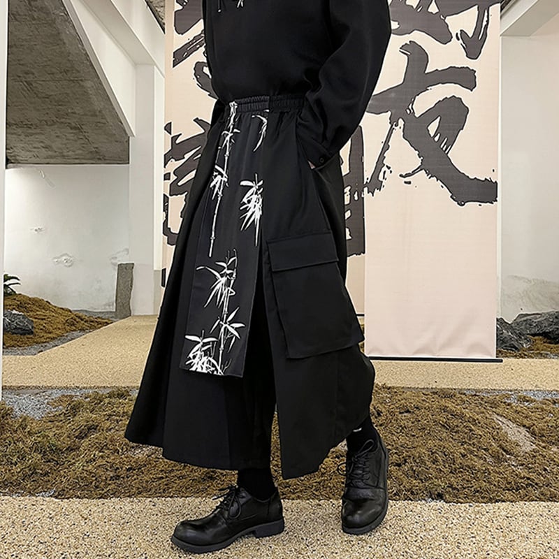 [Illustrated series] ★China style pants★ Gaucho pants unisex men's nine-quarter length black black culottes fake layered