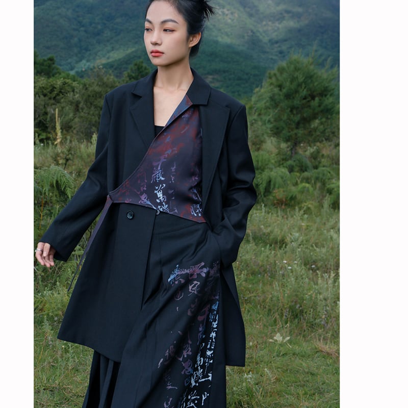 [Big Blue Dragon Series] ★China style coat★ Outer blazer Black Black lettering pattern Slimming changeover