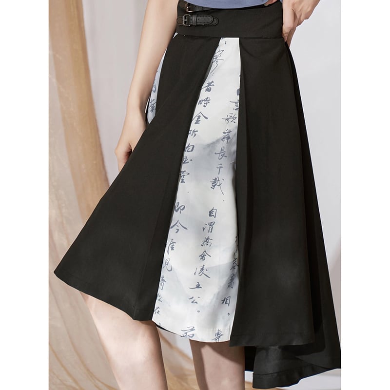 [Kyodo series]★China style skirt★Bottoms Letter pattern switching High waist Black Black S M L XL