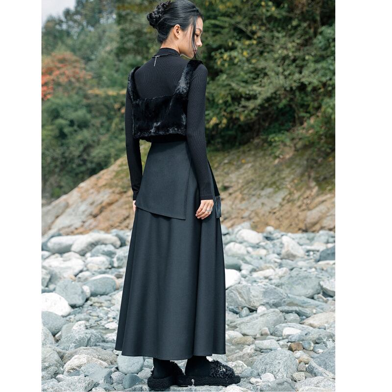 [Big Blue Dragon Series] ★China style skirt★ Bottoms fake layered black black slimming design.