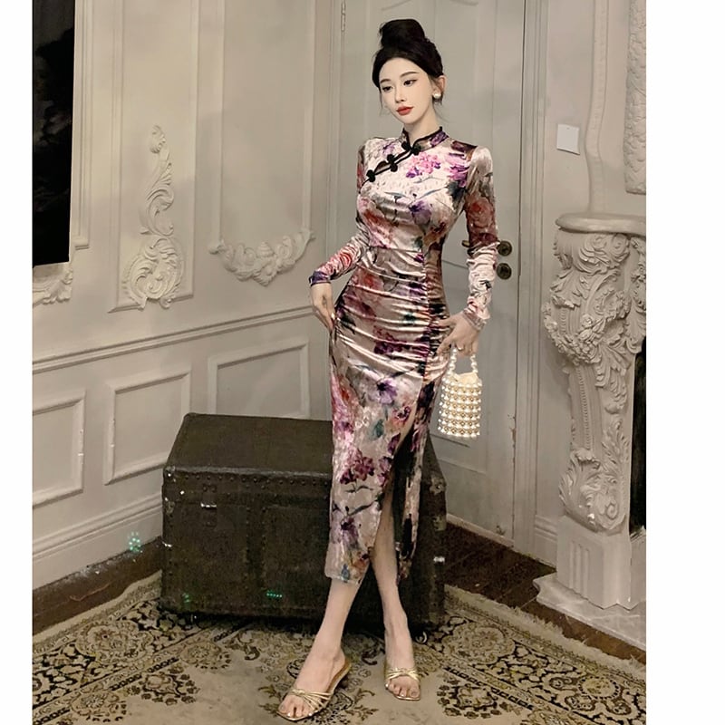 [Hundred Minute Eight Series] ★Floral pattern cheongsam★ Velvet, slimming, sexy, SML, easy to match, improves your temperament