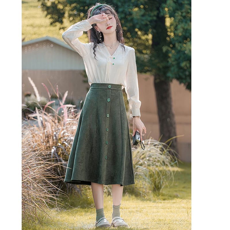 [Shirasu Series] ★Skirt★ Bottoms Ladies Easy to match Improves your temperament Green Green Suede