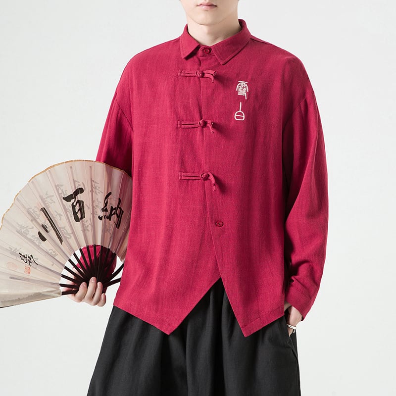 [JUNYI Series]★China style shirt★ Tops 3color Unisex Men's Large size Letter pattern Black Beige Red