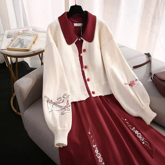 [Shogai Tadoneko Series]★China style setup★Dress + outerwear 2-piece set Floral pattern embroidery Red Red