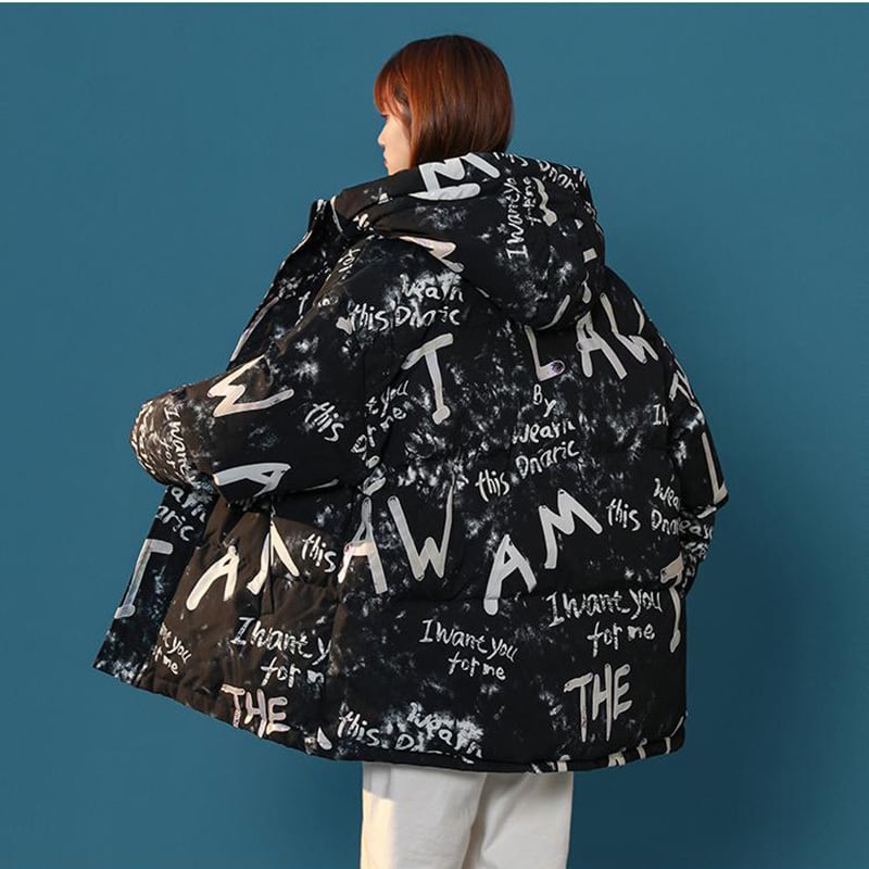 [Ushiomiomi Series] ★Winter Coat★ Cotton Coat Outerwear 2color Unisex Men's Graffiti Alphabet Black