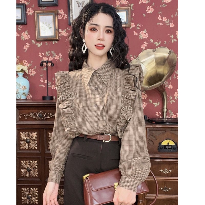 [Misslin Fashion Series]★Setup Single item order★ Shirt or skirt Improves temperament Plaid pattern Brown Dark coffee color