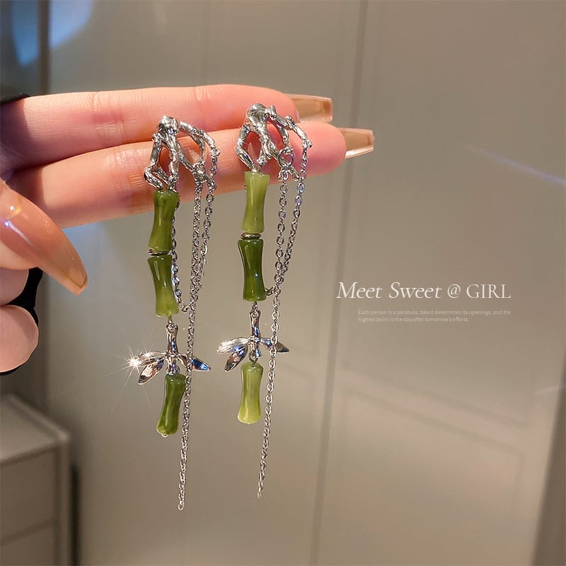 [Meeting MEET Series] ★Chinese style earrings★ Pair earrings bamboo fringe long bamboo easy to match Green Green