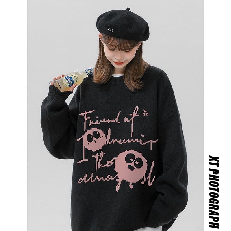 [Fujiiman Series]★Sweater★ 4color Knit Tops Cartoon Unisex Men's Black Red Green White