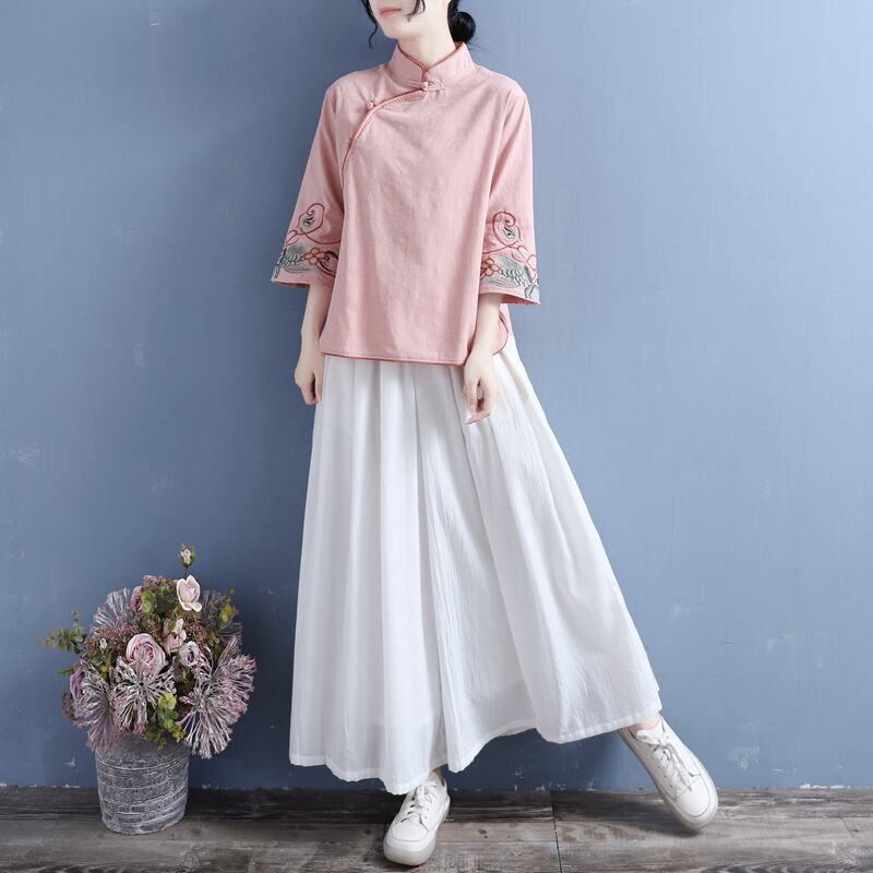 [Qing Series]★Chinese style tops★ 4 colors, floral pattern, 3/4 sleeves, cotton linen, white, blue-green, pink, yellow, Chinese clothing, improved Tang clothing