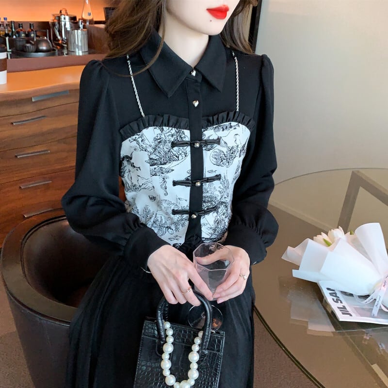 [Furin Series] ★China-style shirt★ China-style tops, long sleeves, ink pattern, fake layered, black