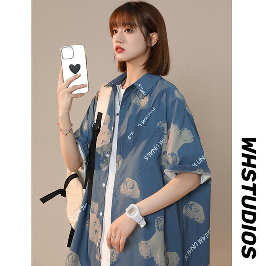 [GEBOXUAN Series]★Shirt★ 2color Short Sleeve Shirt Tops Unisex Men's Print Summer Clothes Loose