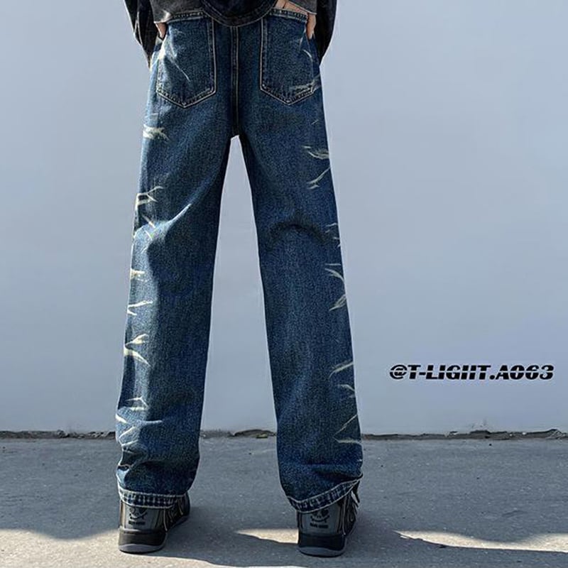 [TIAOTA Series]★Denim Pants★ 2color Bottoms Trousers Print Slimming Blue Black Large Size