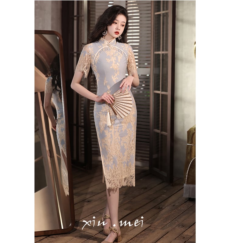 [XIUMEI Series]★China Dress★ Lace Dress, Short Sleeve, Long Length, Chinese Clothes, Short Sleeve, Sexy, Party, Wedding