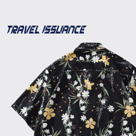 【TRAVEL ISSUANCEシリーズ】★レトロ シャツ★ 花柄シャツ 男女兼用 メンズ ゆったり ブラック 黒い