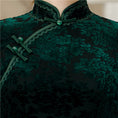 Load image into Gallery viewer, Long cheongsam dress, velvet cheongsam dress, chinese style dress, party dress, chinese style clothes, Chinese clothes, after-party, girls' night out, class reunion, stand neck, 3/4 sleeves, large size ML XL 2XL 3XL 4XL Green Green
