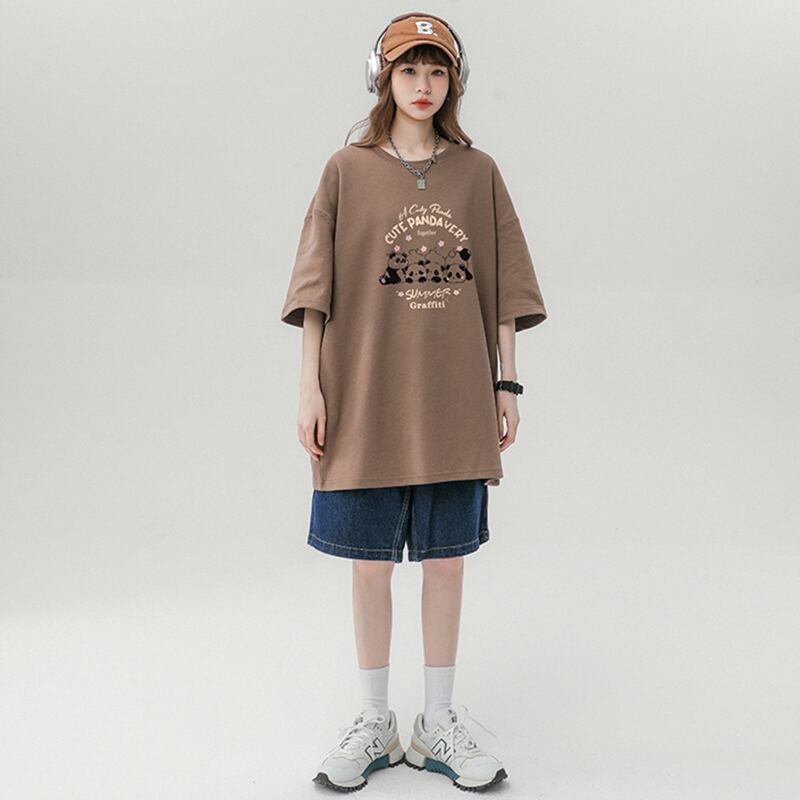 【SENSUシリーズ】★Tシャツ★ トップス 3color 男女兼用 メンズ パンダ柄 カートゥーン アプリコット ホワイト コーヒー色