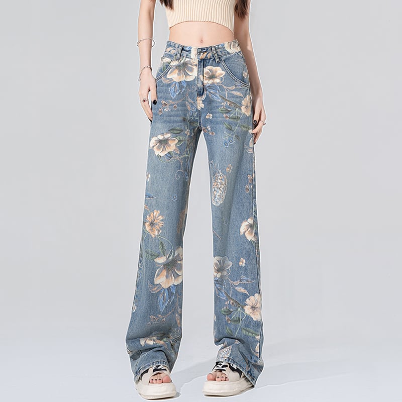 [XURU series] ★Denim pants★ Bottoms Trousers Floral pattern slimming ladies Blue Blue XS S M L XL