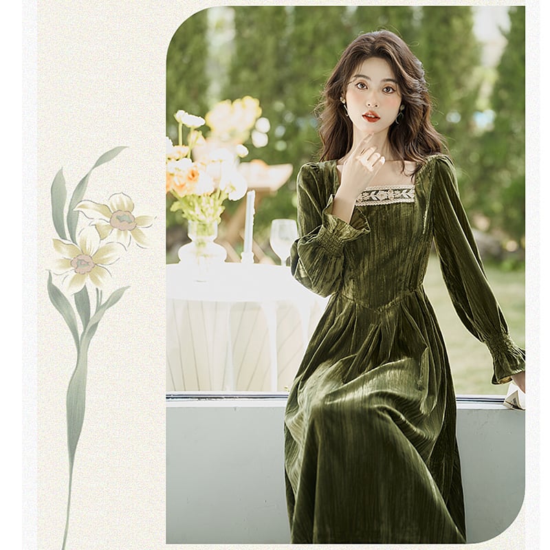 [Kasa Castle Series] ★One Piece★ Velvet Retro Green Green SML XL Party Wedding Date