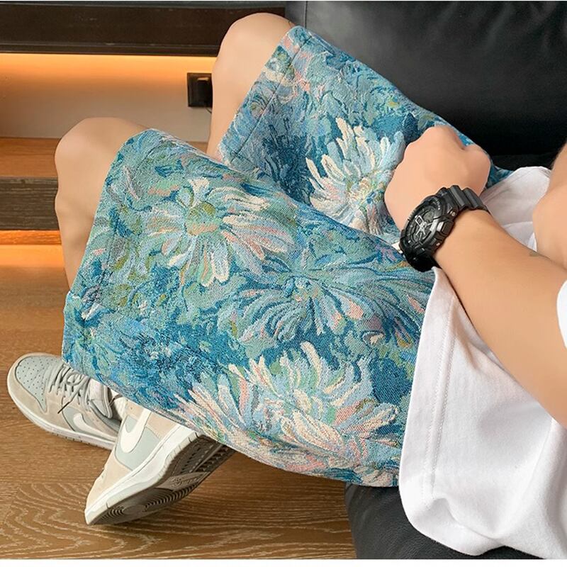 [WRZB Series]★Pants★ Oil Painting Style Shorts Shorts Unisex Men's Blue Blue Large Size