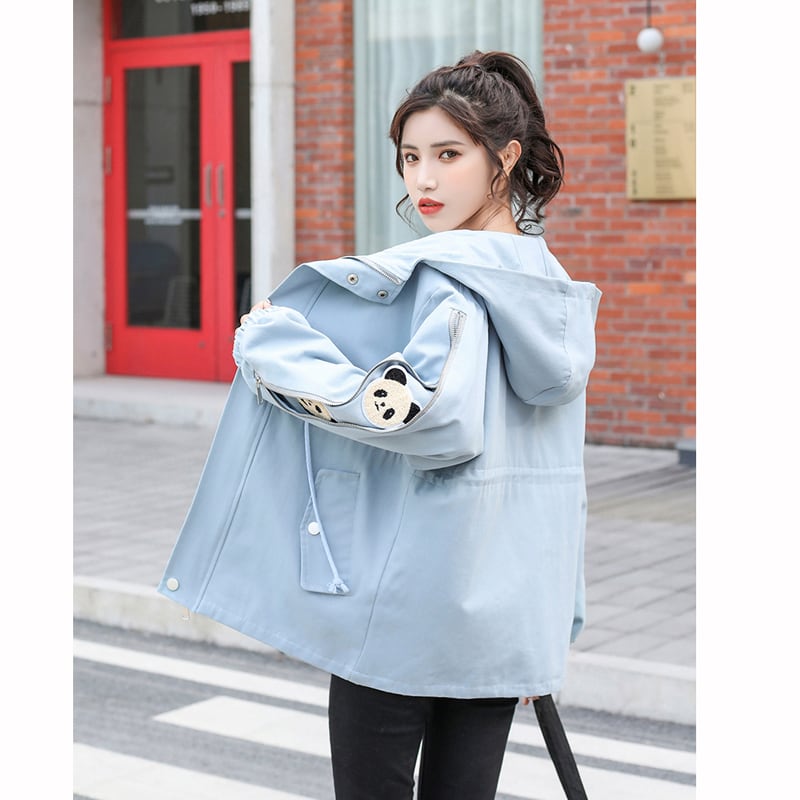 [QIZHI Series]★Jacket★ 3color Outer Panda with Hat Cute Casual Black Beige Blue