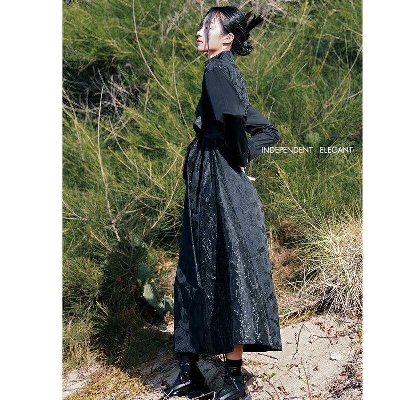 [Daiseiryusu Series]★Chinese style dress★ 2color black or white long length Chinese clothes switching stand neck