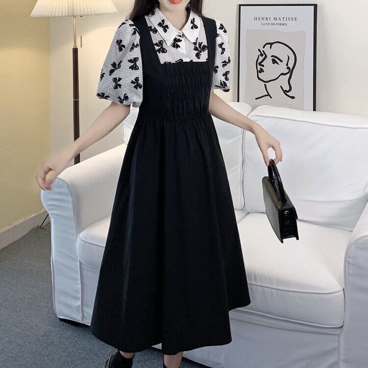 [JIGUJIGU series] ★One piece★ 2color short sleeve fake layered large size floral pattern dress black black brown