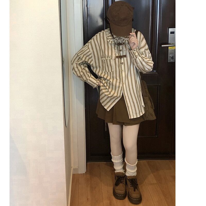 [TANGCHAO Series]★Shirt★ 2color Tops Vertical stripes Striped pattern Thin Cute Easy to match Date Commuting