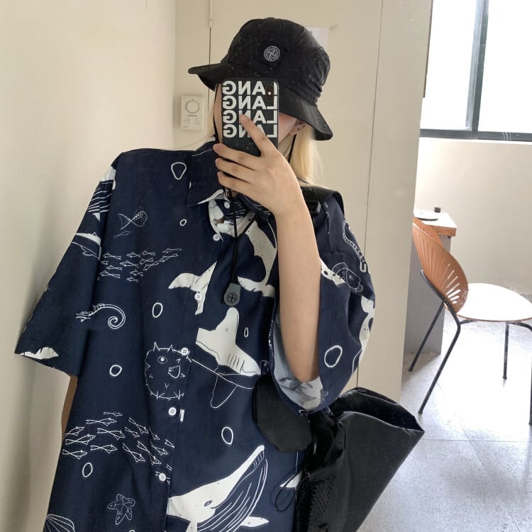 [ZENGDASHEN Series]★Shirt★ Tops 2color Unisex Men's Animal Pattern Shark Sea White Blue