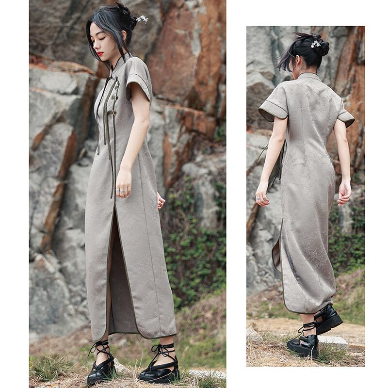 [Da Qinglong Shu Series] ★China style dress★ Improved cheongsam dress Color scheme Improves temperament Long length Silver gray