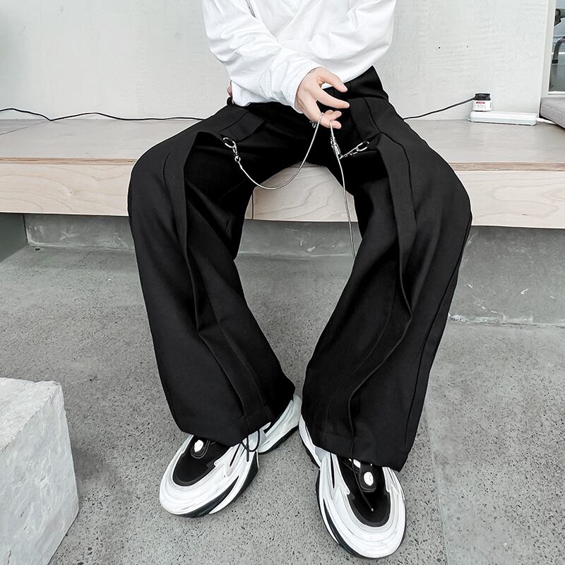 [Irie series] ★Casual pants★ Bottoms with chain Unisex Men's Unique Black Black ML XL