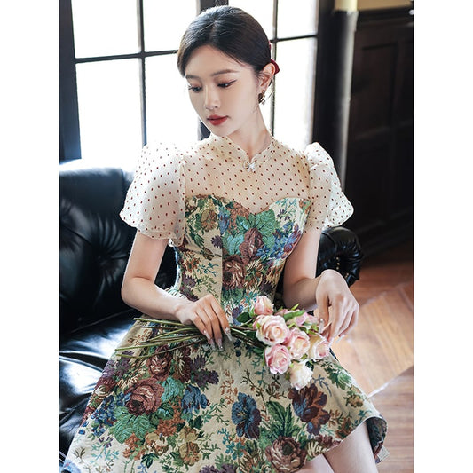 [WEIXIU Series] ★Party Dress★ One Piece Switching Floral Pattern Dot Pattern Short Length Cute Wedding