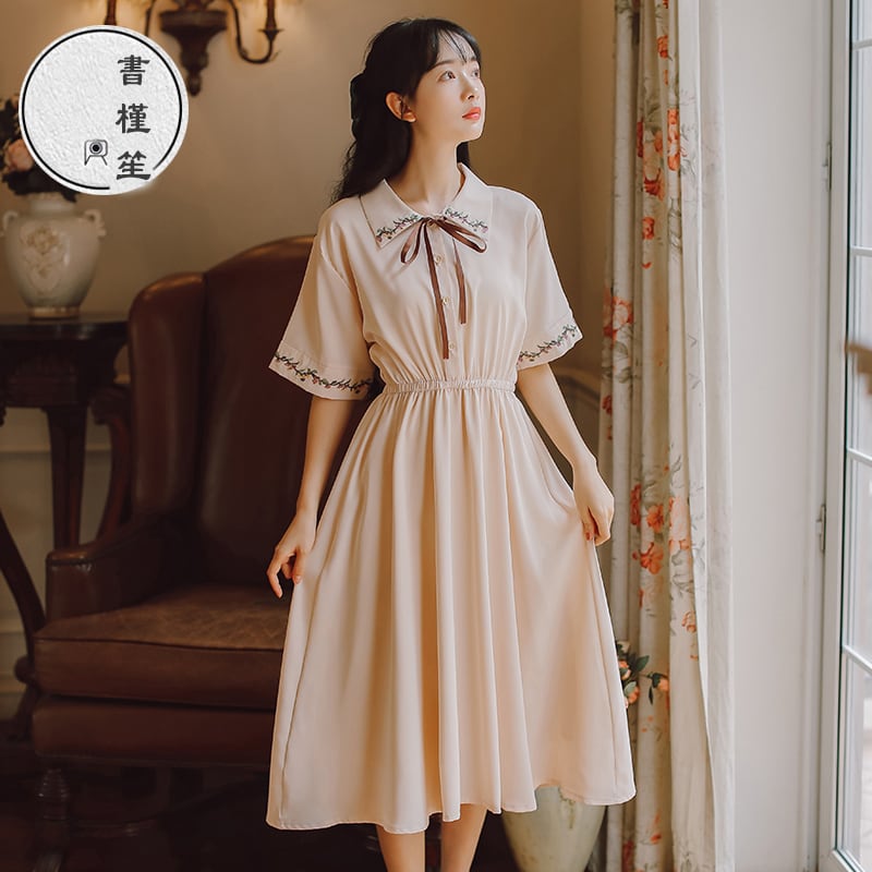 [Shukunsho series]★China style dress★2color embroidery long length short sleeve summer cute easy to match beige green