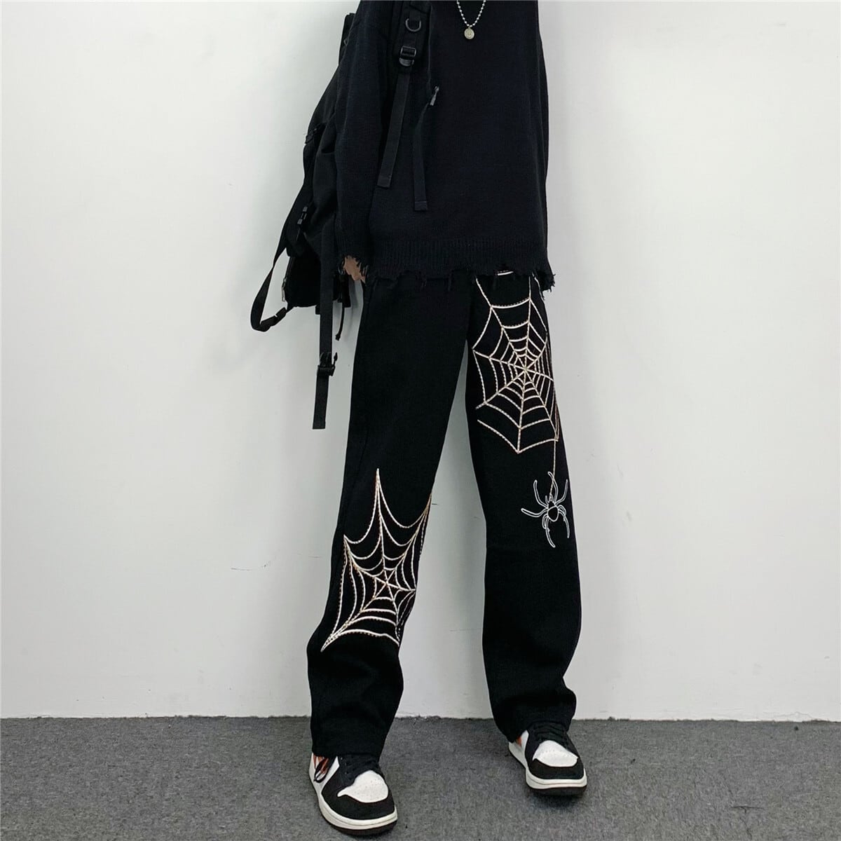 [MGJM Series]★Casual Pants★ Trousers Bottoms Denim Pants Unisex Men's Spider Black Black