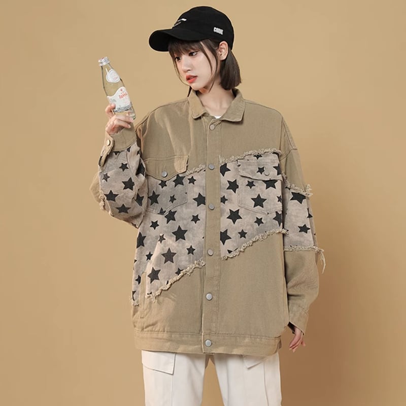 [Fujiman Series] ★Jacket★ 2color outer denim jacket casual star pattern unisex men's easy to match