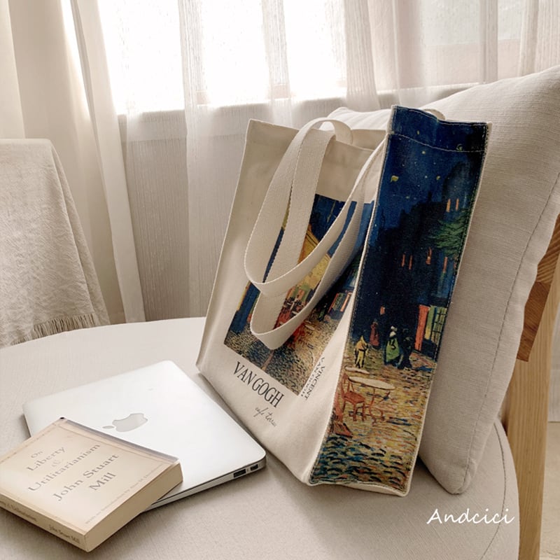 [Andcici Series]★Bag★ Tote bag, canvas bag, large capacity, date, floral pattern, oil painting style, blue, design, cute