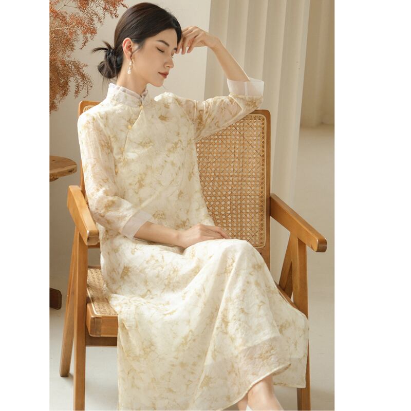 [Shimu Series] ★Chinese style dress★ Elegant Chinese clothes Tang suit Retro print Summer clothes Yellow S M L XL