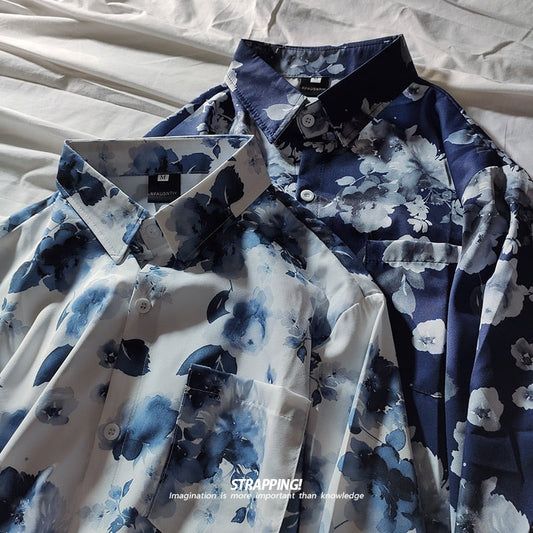 [STRAPPING Series]★Shirt★ 2color Tops Print Unisex Men's Spring Clothes Autumn Clothes Thin Floral Pattern Blue White