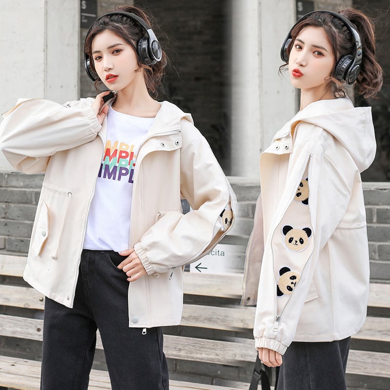 [QIZHI Series]★Jacket★ 3color Outer Panda with Hat Cute Casual Black Beige Blue