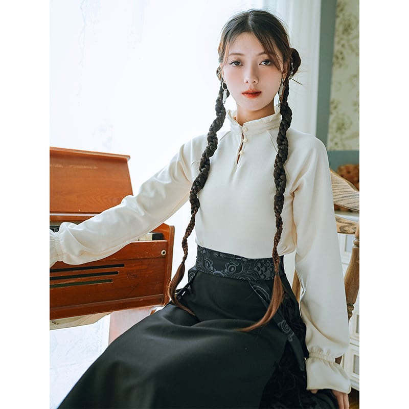 [Kokaisha --- Frostbite series] ★China style tops★ 2 colors Can be worn on both front and front sides Easy to match Black Beige