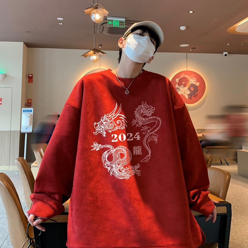 [PV Series]★China Style Tops★ 4color Suede Sweatshirt Sweatshirt Dragon Dragon Crest New Year Unisex Men's Red Black Green