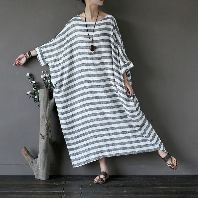 [LIANSHANG series] ★China style dress★ 3color loose body cover horizontal stripes striped pattern literary style