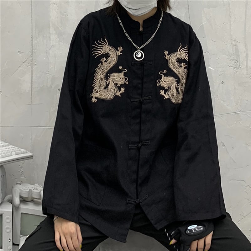 Chinese-style tops, outerwear, shirts, Chinese-style clothing, dragon, improved Tang costume, unisex, dragon pattern, Chinese clothing, Harajuku style, couple clothing, stand-up collar, long sleeves, black, red