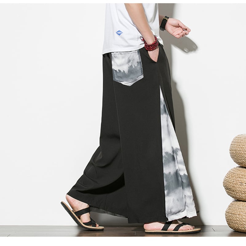 [Grass ink series] ★Chinese style pants★ 2 colors, black or white, men's gaucho pants, gaucho, ink print, loose fit