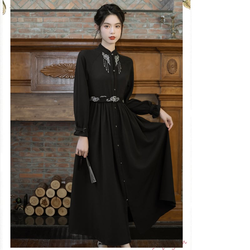 [Treasure Island Series]★Chinese style dress★ Long length Hanfu dress Chinese style Black Black